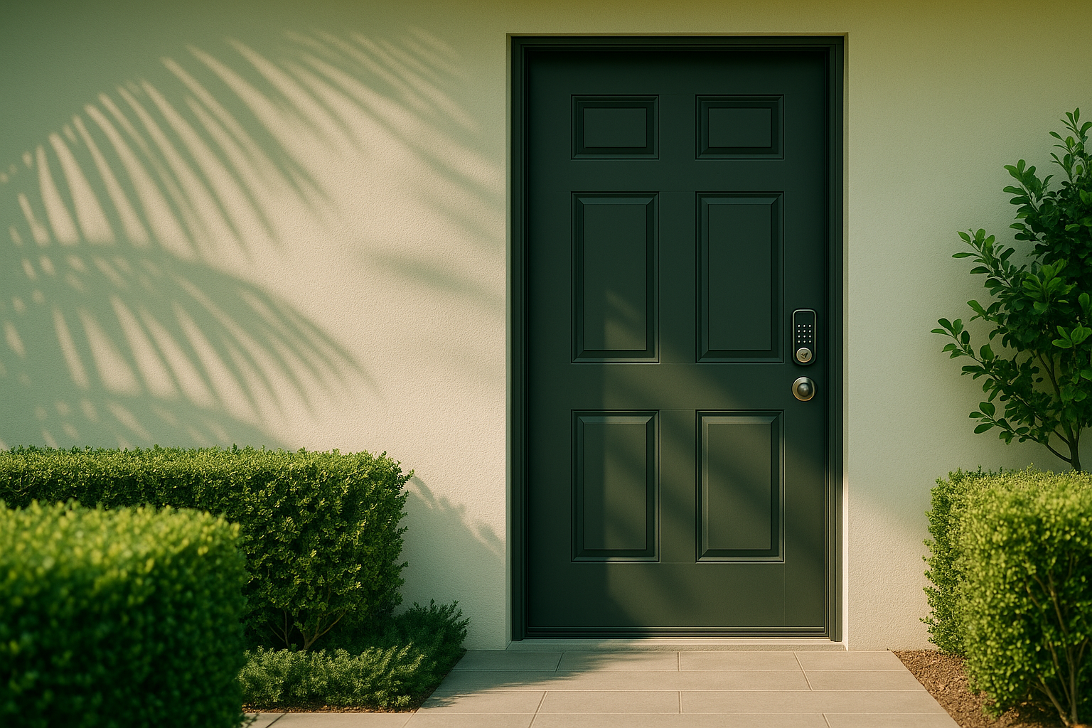 Modern entry door with palm shadow